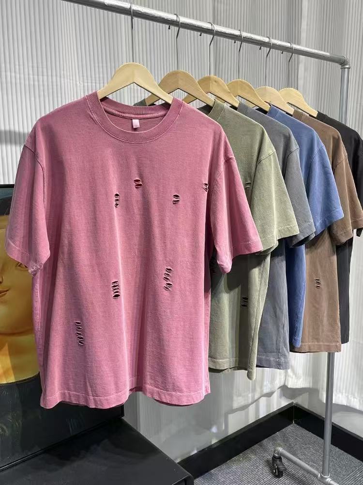 260g Heavyweight Washed Vintage Distressed Short-Sleeve T-Shirt for Men, Amazon Bestseller, Loose Fit Couple Style Top, Ins