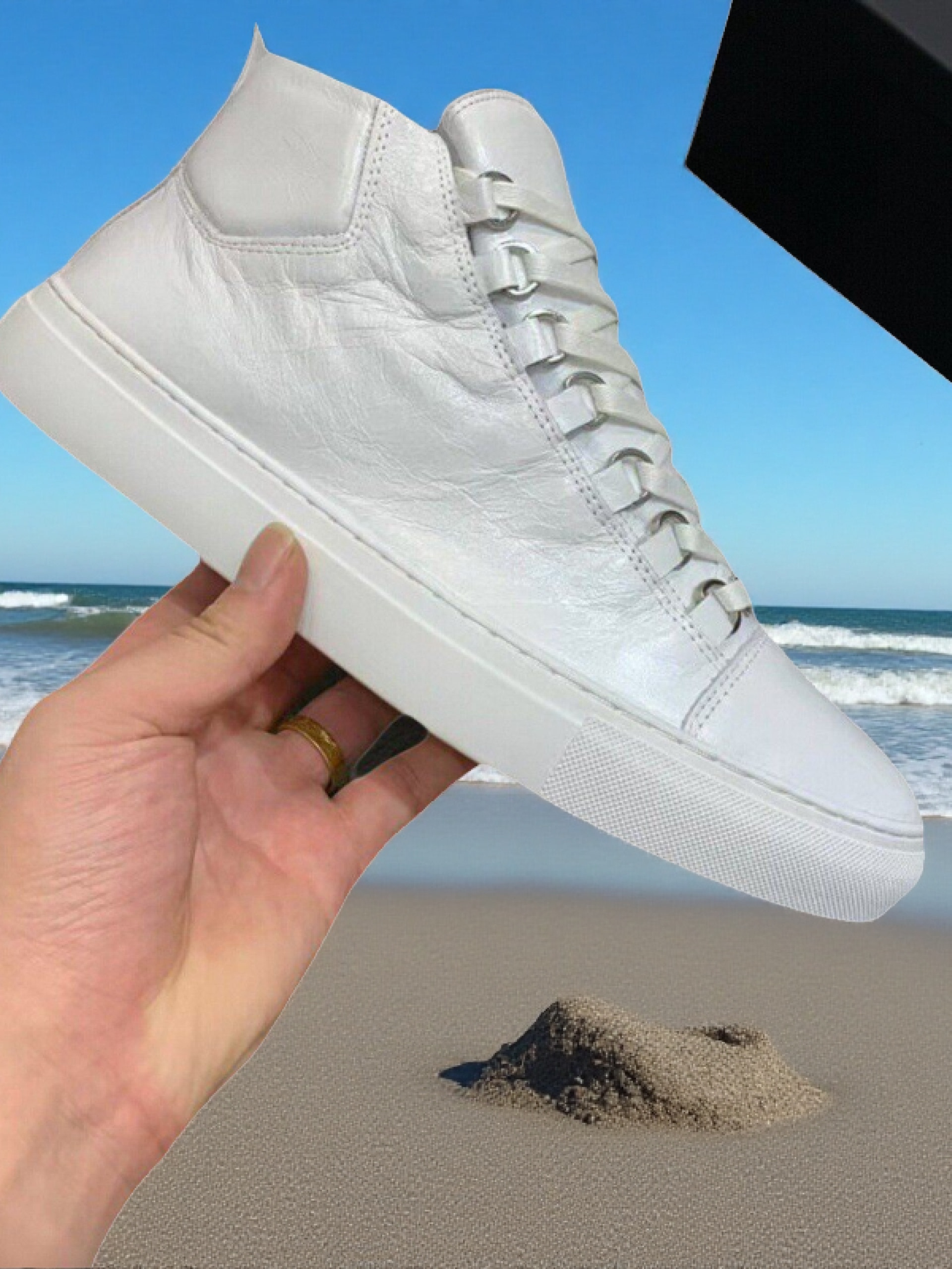 Paris Trendy Foreign Trade Men's High-Top Sneakers, White Shoes, Pleated Genuine Leather, Fashionable Lace-Up Casual Men's Sports Shoes Factory
