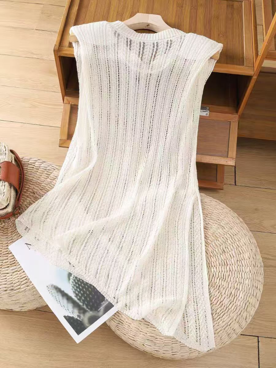 Hollow-Out Design with Asymmetrical Slit Knit Vest, 2026 Spring and Autumn Vintage Artistic Style, Round Neck Slimming Long Top