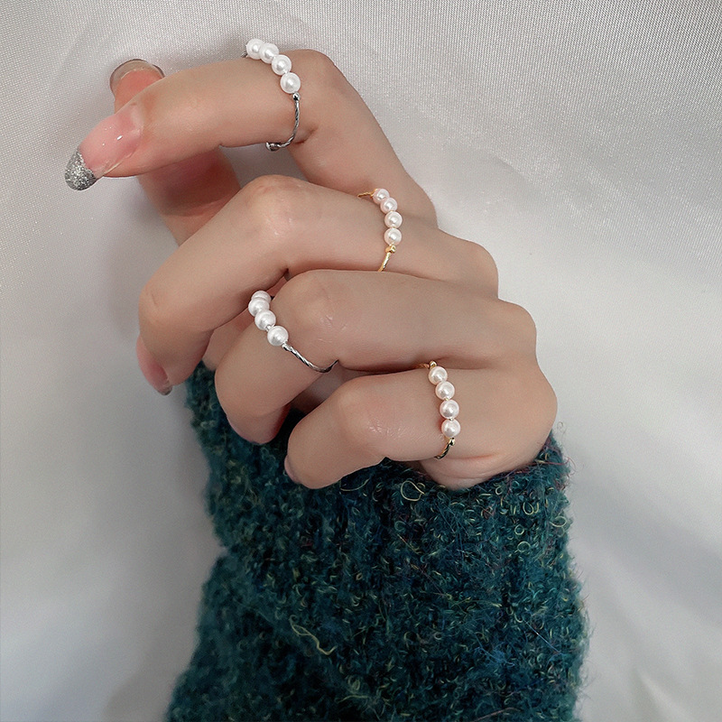 Ancient Cat Ning Four Pearl Index Finger Ring for Women Ins Gold Atmospheric Shell Beads Thin Circle Open Stacking Ring Stylish