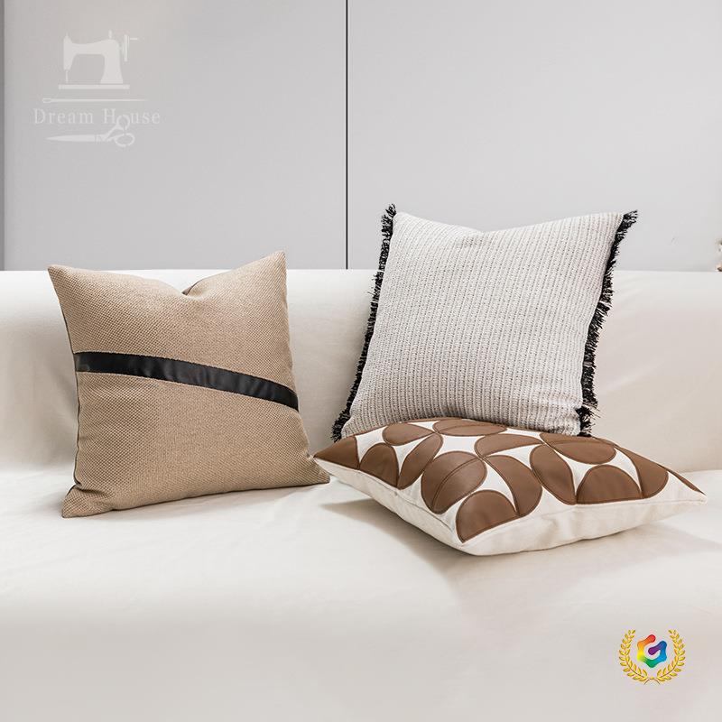 ☽ Nordic Pu Leather Throw Pillow with Geometric Abstract Patchwork Design, Simple Modern Living Room Sofa Cushion Cover