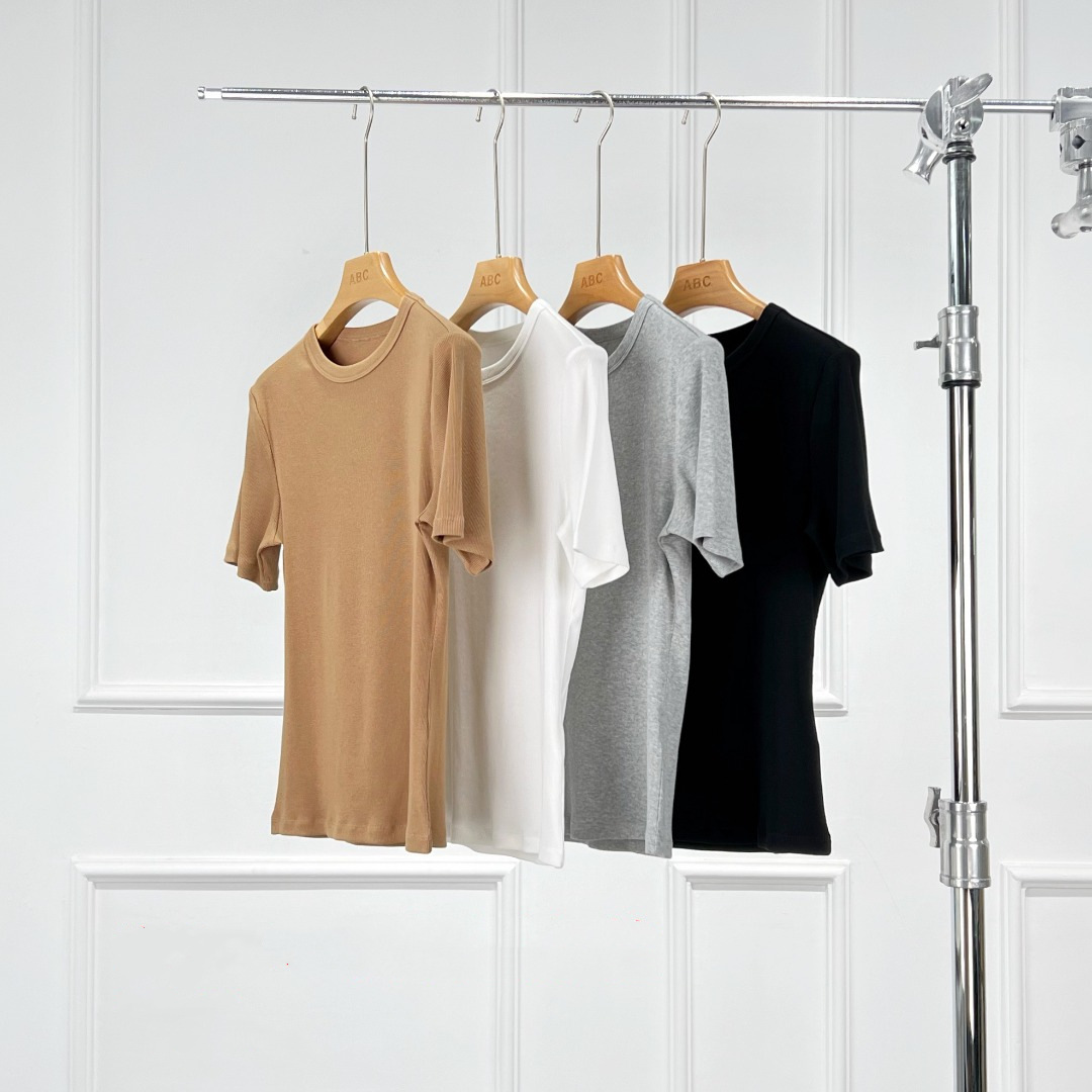 Warren Hailong |   Sst001 Spring and Summer Simple and Versatile Top with Ribbed Design Cotton Women's Round Neck Short-Sleeved T-Shirt