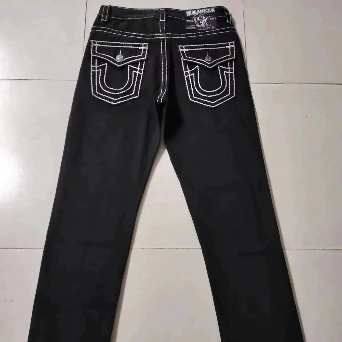 Tru Jeans Men's Religious Large Size Rough Line Straight Casual High Street Jeans