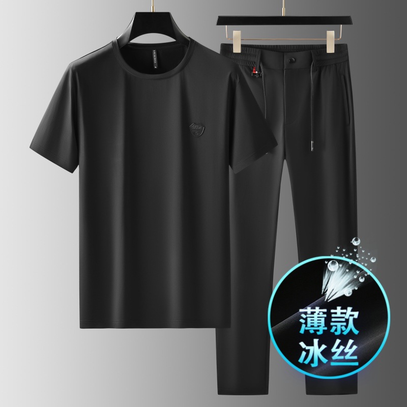 Light Luxury Ice Oxygen Bar Ice Silk Suit Men's Summer Thin Men's Casual Suit Breathable Quick-drying Sports Two-piece Set 86