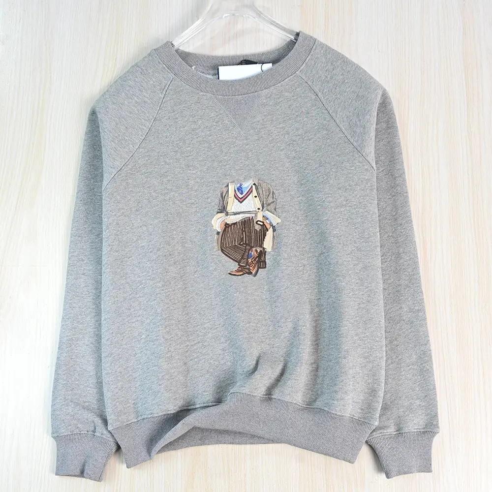 Men's Quality Goods 2510/30 American Single-Print Embroidered Cartoon Bear Crew Neck Casual Raglan Long-Sleeve Fleece Sweatshirt