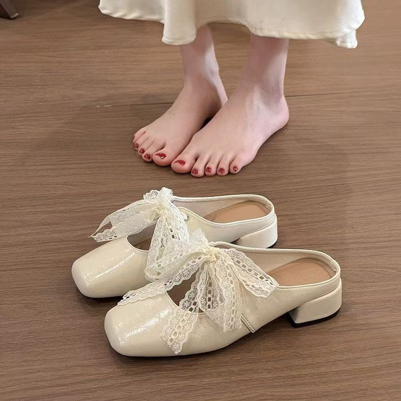 Women's Closed-Toe Half-Slippers 2026 New Summer Style, French-Style Sandals with Chunky Heels, Square-Toe Lace-Up Mules