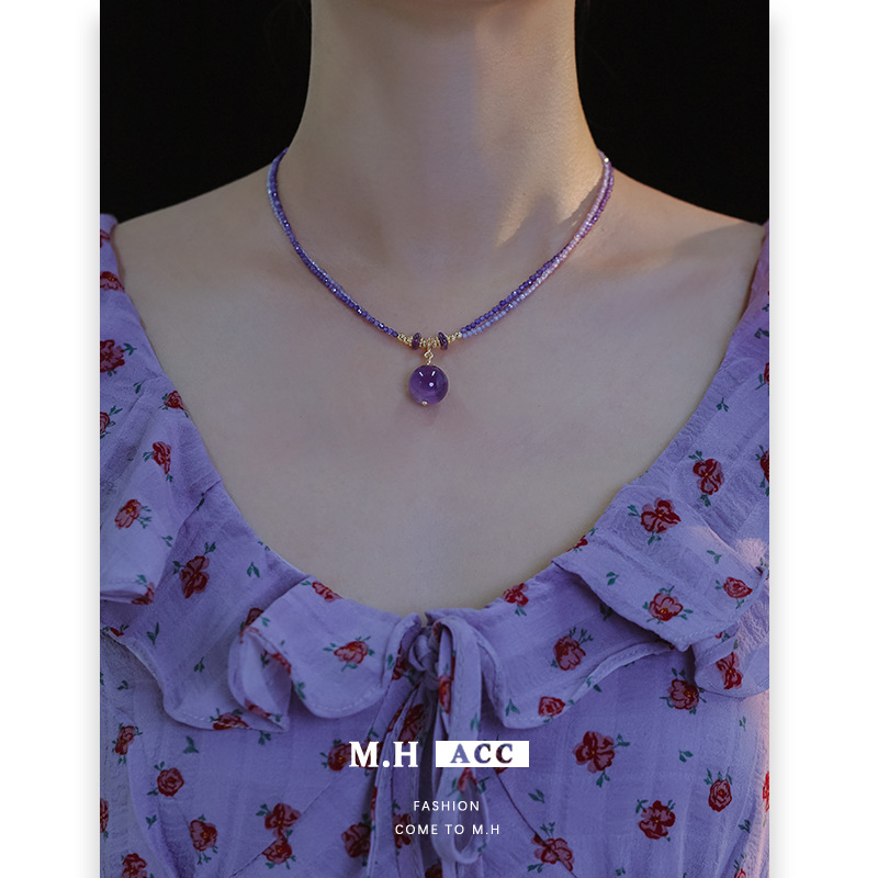 Spring and Summer New Double-Layer Zircon Amethyst Necklace Women's Niche Retro Romantic Elegant High-End Clavicle Chain Necklace