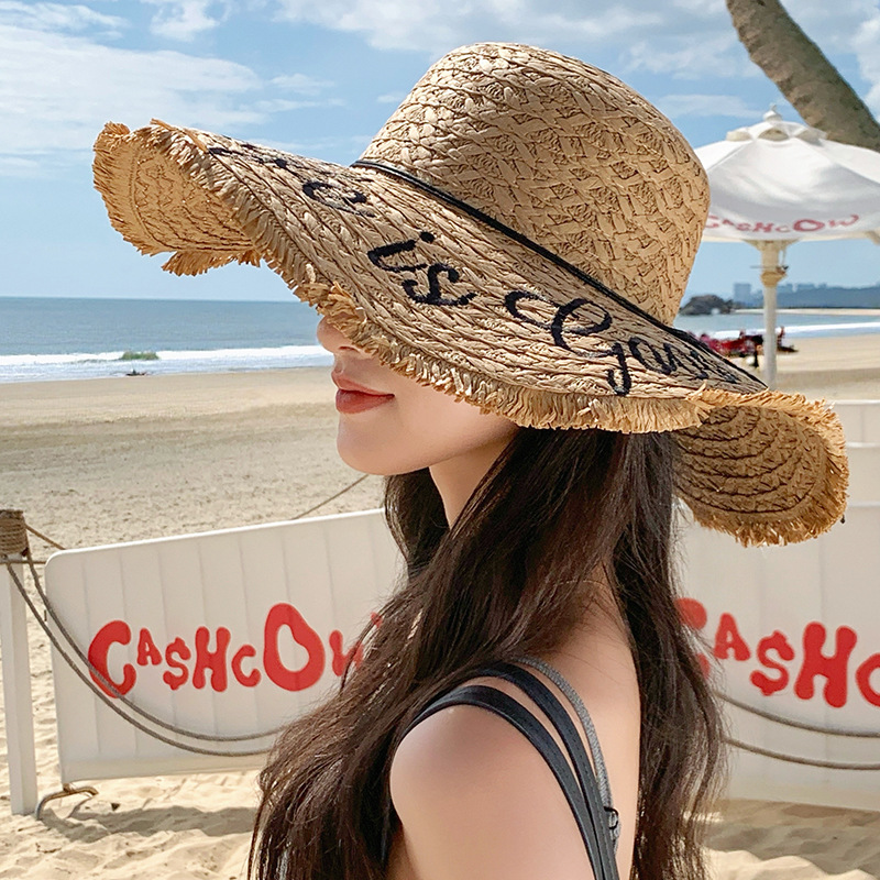 Straw Hat Woven Embroidered Letter Oversized Straw Hat Women's Summer Outdoor Showing Face Small Sunshade Sunscreen Beach Sun Hat