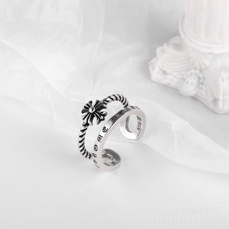 Crow's double-layer opening ring retro Hollow cross flower twine adjustment ring ring for men and women couples ring jewelry