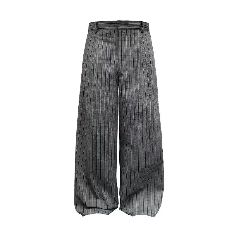 JCAESAR PLAID PANTS Bubble pleated plaid pants are lightweight and straight, with wide legs and pleated waistband