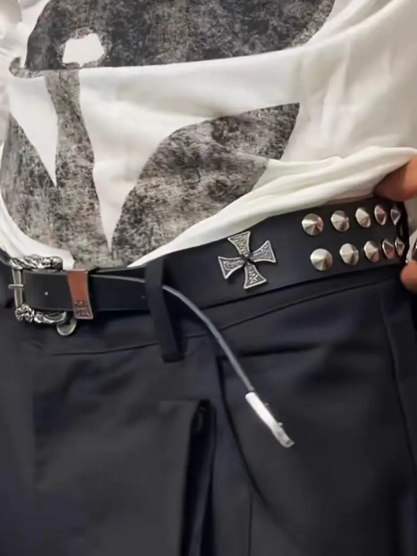 【Original】Erd Melancholic Rich Second-Generation 23 Double-Studded Cross First-Layer Cowhide Punk Distressed Silver-Plated Belt