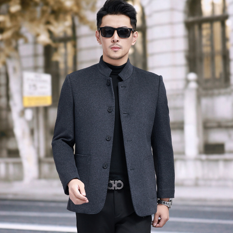 High-end Cashmere Coat Men's Vertical Collar Mulberry Silk Tunic Goose Liner Thickened Warm Wool Coat Winter