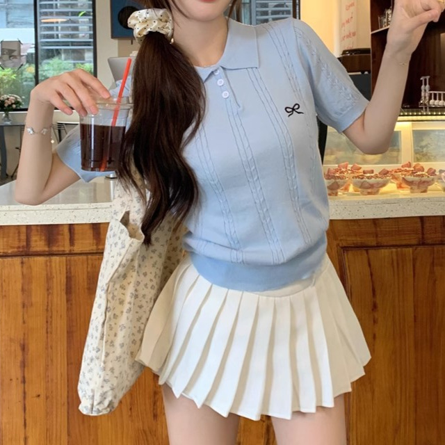 Sweet Bow-Knot Embroidered Knitted Short-Sleeved T-Shirt 2026 Summer New Style Polo Shirt Women's Fitted Lapel Top
