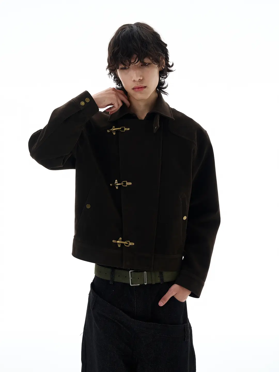 Oulang's store, autumn American retro airplane buckle suede leather jacket, men's high-end sense, cool brown jacket, couple trend