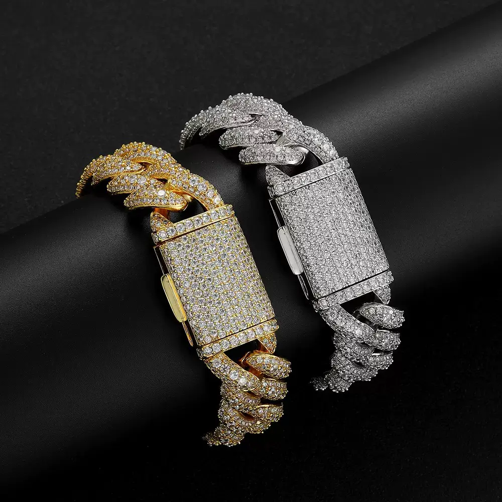 Mst Bling 18mm Wide Cuban Bubble Bracelet European and American Hip-Hop Trendy Micro-Encrusted Synthetic Zircon Bracelet