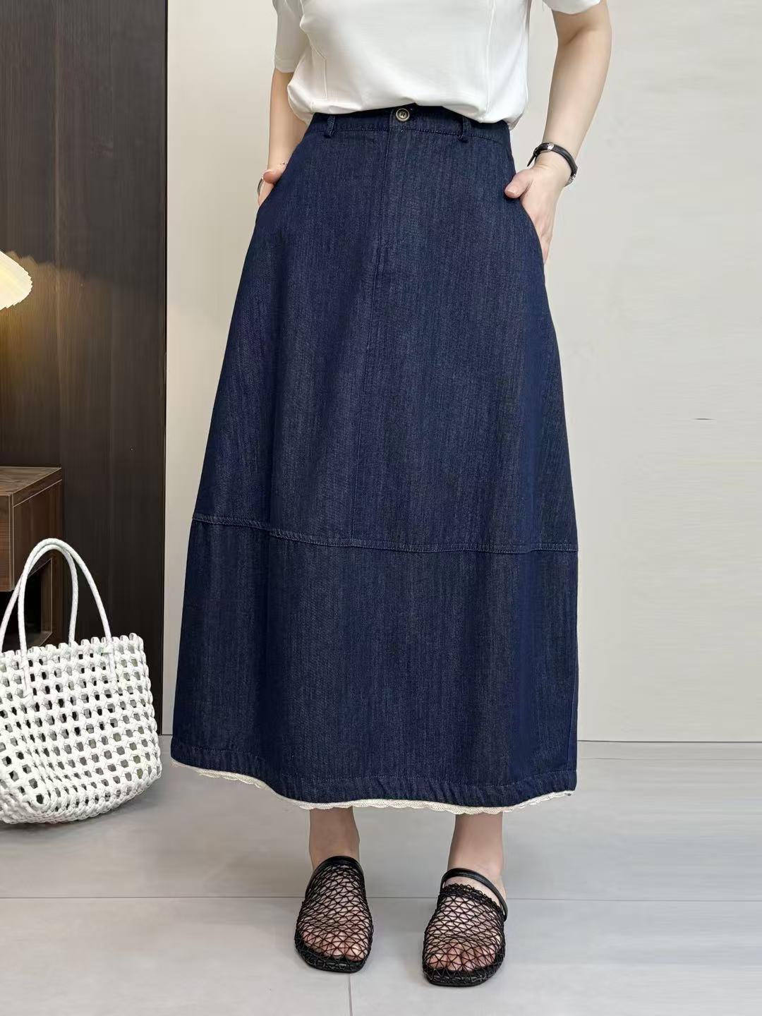 26 Summer Style Women's Skirt with Lace Trim at the Hem, A-Line Mid-Length Skirt, Casual Style Skirt