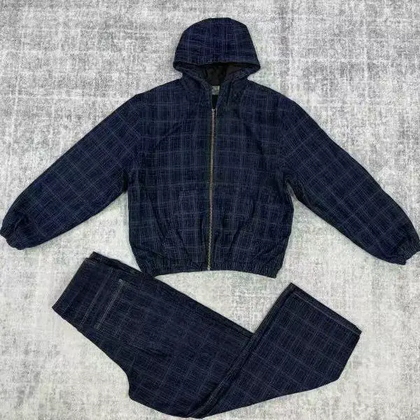 Light Blue Checkered Embroidered Suit with Limited Stock on Light-Colored Fabric