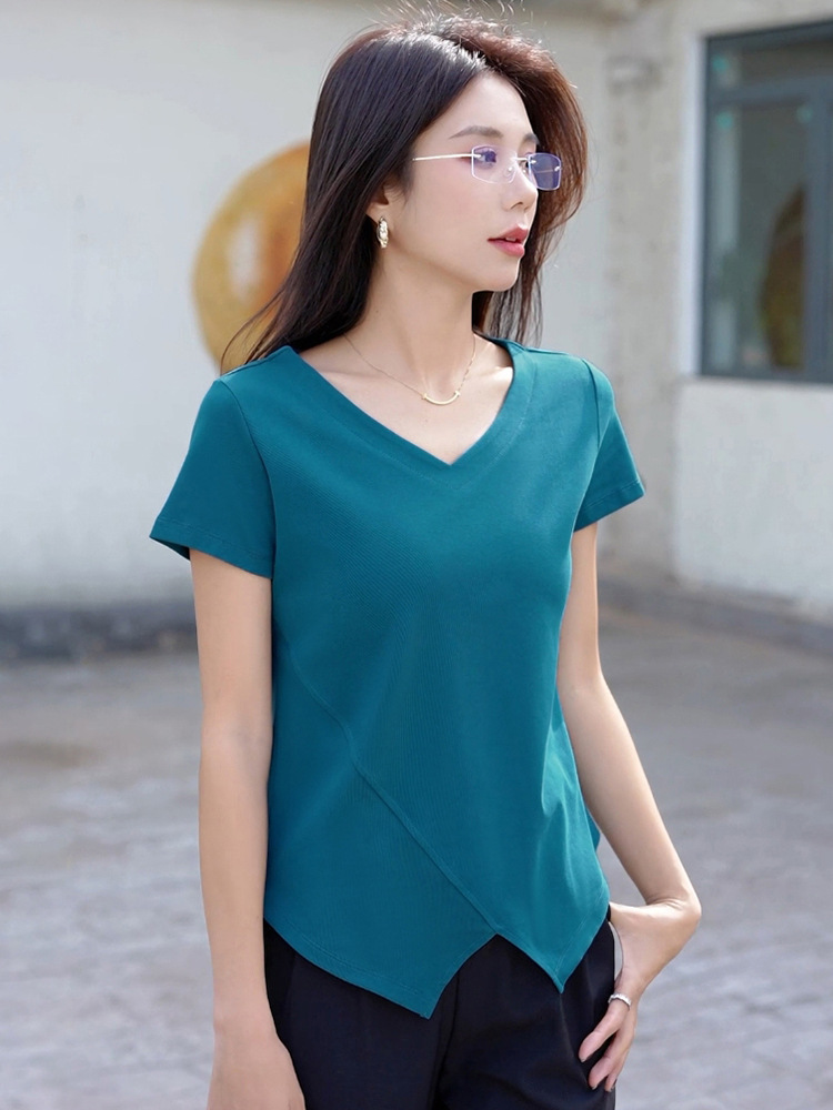 New Summer Style Ribbed Irregular Hem Split V-Neck Short-Sleeve T-Shirt for Women, Slim Fit, Flattering and Slimming Top