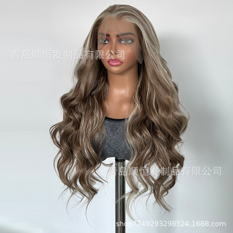 New European and American Style Wigs with Lace Front, Highlighted Golden Long Curly Hair, Wavy Synthetic Full Wigs, Factory Wholesale