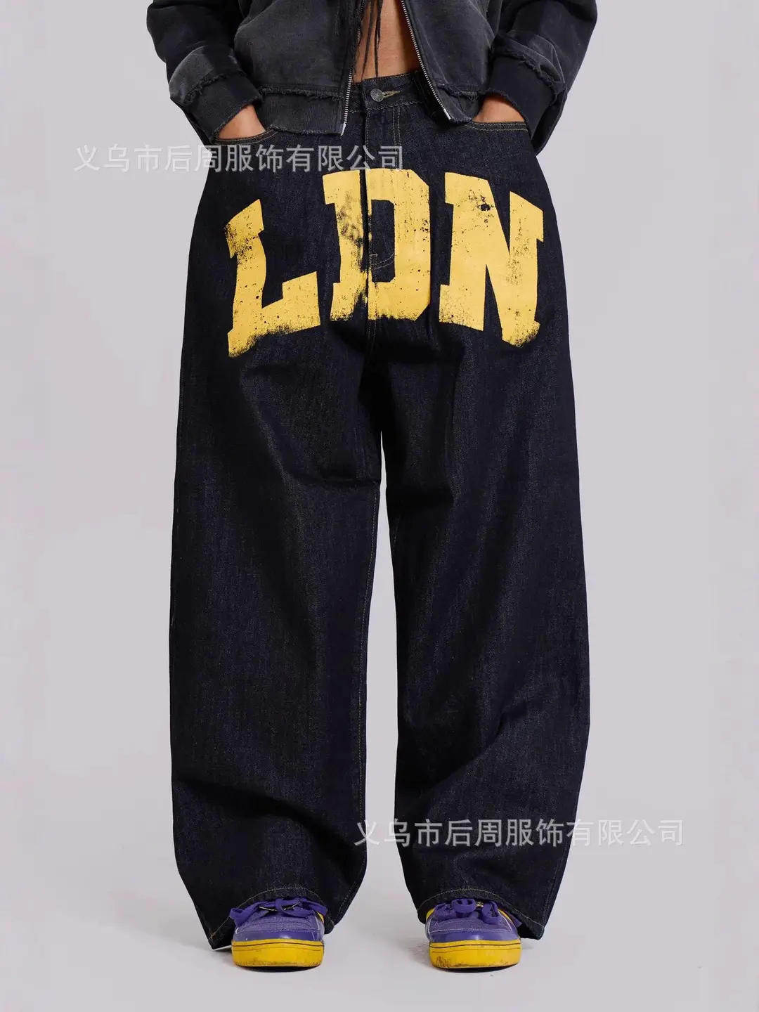 American Street Style Jade Letter Print Jeans for Women, Straight-Leg Fog Style Trendy Brand Loose Denim Pants