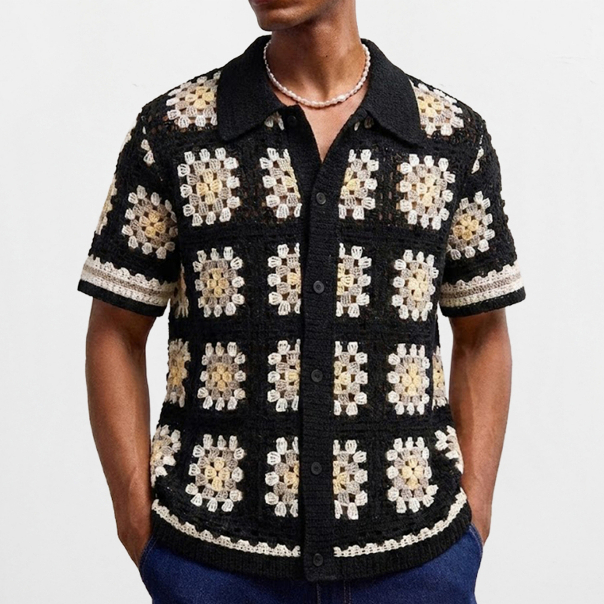 Foreign Trade Cross-Border Men's Clothing Color-Blocking Crochet Hollow-Out Knitted Cardigan Men's Casual Short-Sleeve Water-Soluble Polo Shirt Sy0097