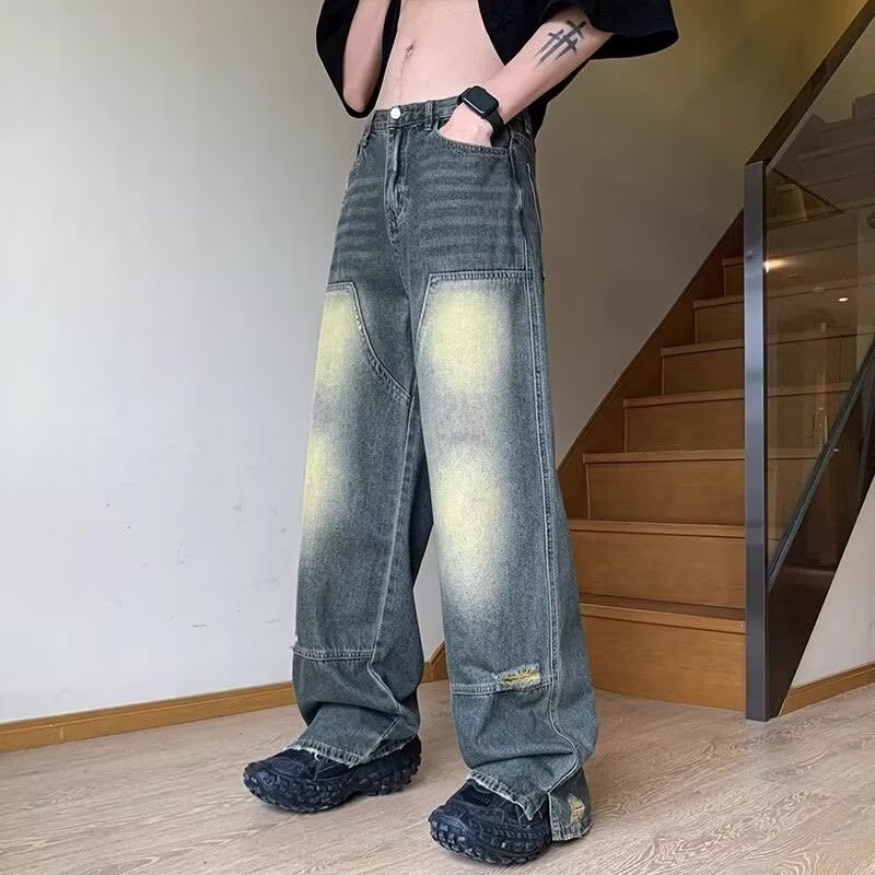 American Retro Ripped Jeans for Men, Trendy Brand, Handsome Washed Distressed Pants, Loose Straight-Leg Split Floor-Length Trousers