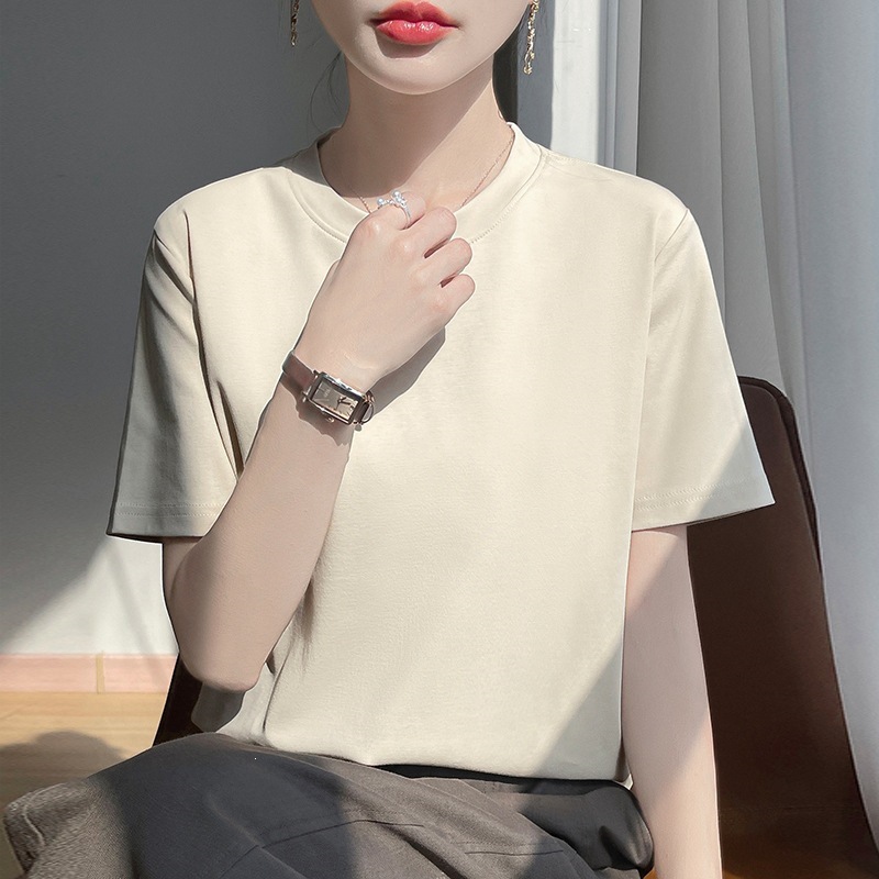 [Short-Sleeved T-Shirt] Mercerized Cotton 2026 New Style Round Neck Cool-Feeling Straight-Shoulder Women's Short-Sleeved T-Shirt in Solid Color, Simple and Loose-Fitting