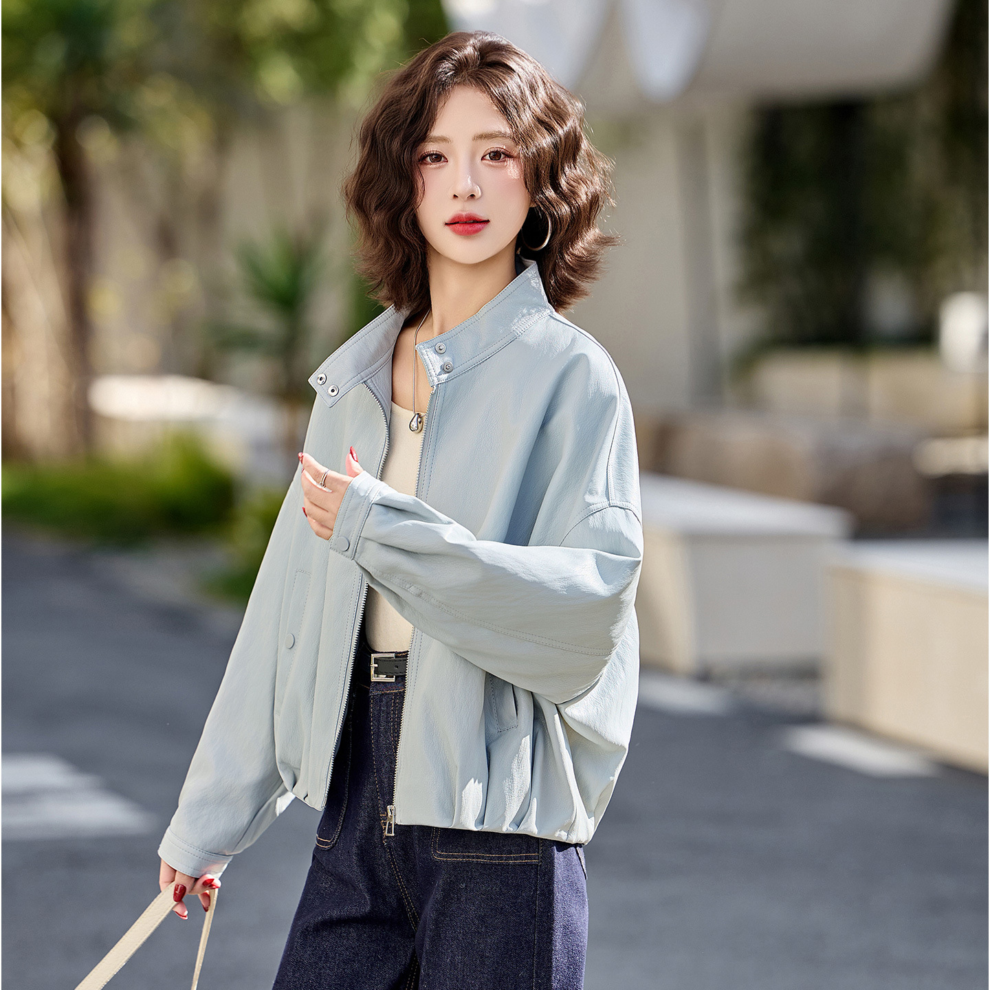 Women's Short Leather Jacket with Stand Collar, 2026 Spring New Style, Petite, Stylish, Loose Fit, Casual, Western-Style Pu Leather Jacket
