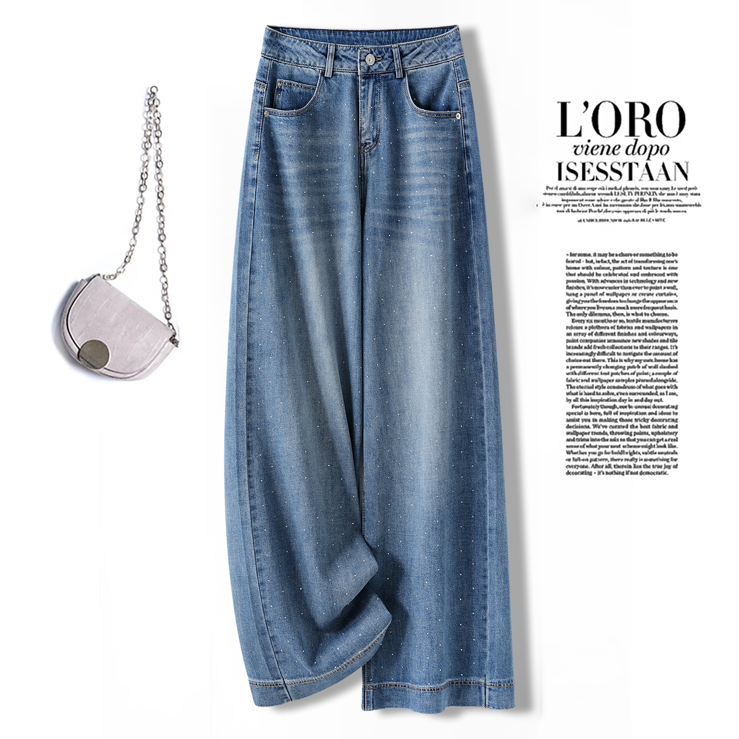High-Waisted Rhinestone Denim Wide-Leg Pants for Women, 2026 Summer New Style, Slimming High-Waisted Versatile Straight-Leg Long Pants, Casual Pants