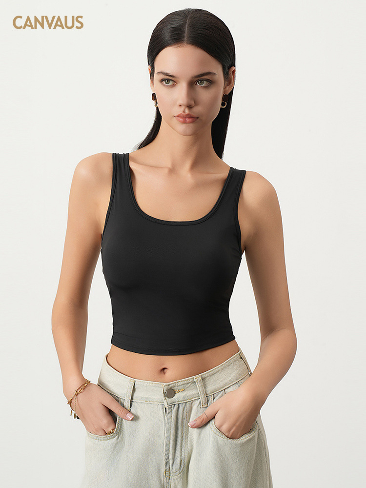 CANVAUS Classic Black and White U-Neck Camisole with Chest Pad Women's Cross Belt One-Piece Short Top for Summer