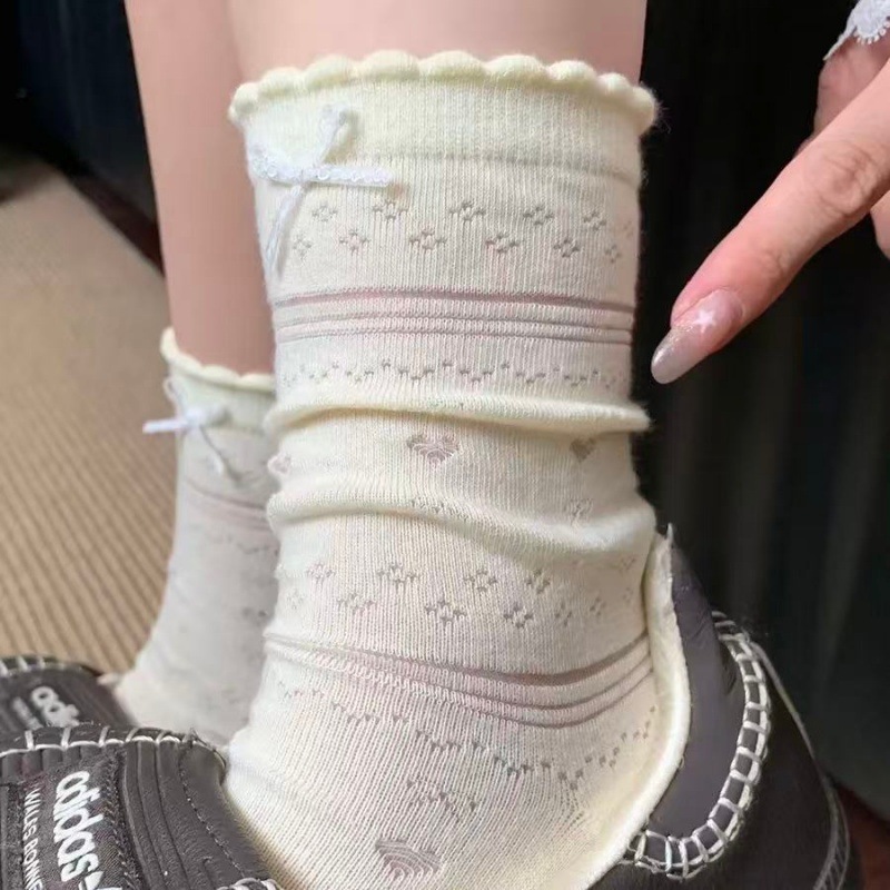 Fair Isle Sweet Style Cream-Colored Korean Version Spring/Summer Bowknot Heart-Shaped Hollow-Out Seamless Ultra-Thin Breathable Slouchy Mid-Calf Socks
