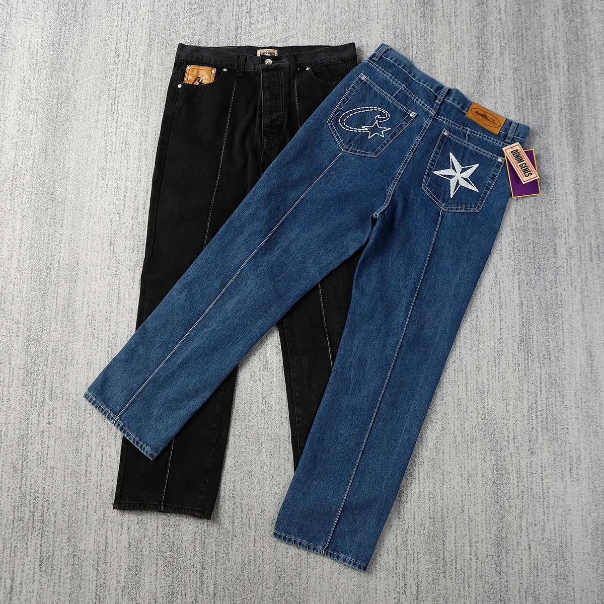 European and American Cross-Border Aliexpress Street Fashion Brand Star Embroidery High Street Loose Straight Jeans for Men and Women Casual Trousers