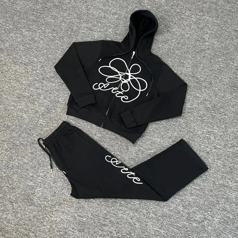 Foreign Trade Beauty Trend Arte New Flower Embroider High Street Trendy Cardigan Hooded Sweatshirt Casual Pants Men's and Women's SuitsProduct LinkRefresh