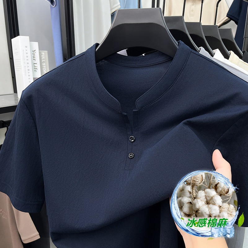 Ice-Feel Cotton and Linen Short-Sleeved Men's T-Shirt, High-Quality V-Neck Buttoned Summer Wear, Half-Sleeved Middle-Aged Dad's Wear, Men's Base Shirt