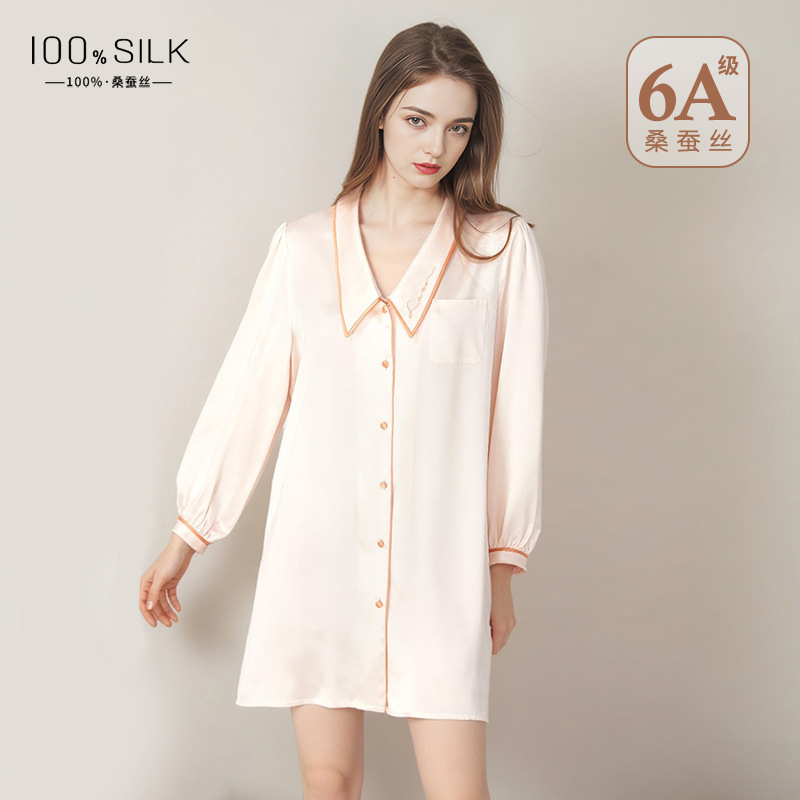 2026 Spring/Summer New Silk Nightgown for Women 100% Mulberry Silk Sexy Thin Doll Collar Homewear Shirt Dress