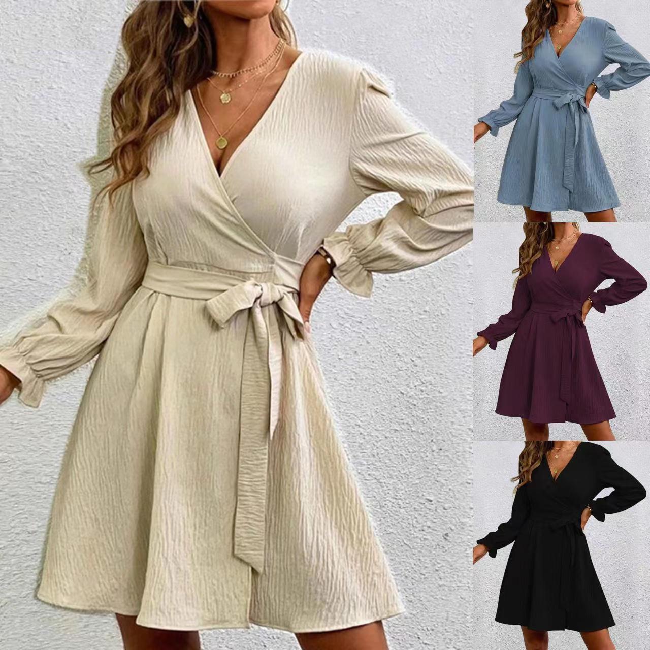 2026 European and American Cross-Border Foreign Trade Amazon Ebay Solid Color Strapless Dress with Lantern Sleeves and Tie-Up Collar