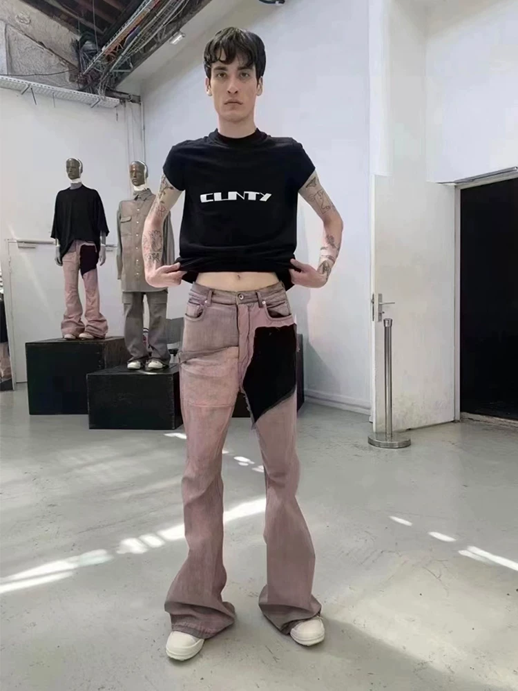 Ro Acbt Pink Patchwork Coated Slim Fit Flared High Street Stacked Distressed Washed Jeans for Men and Women Trendy