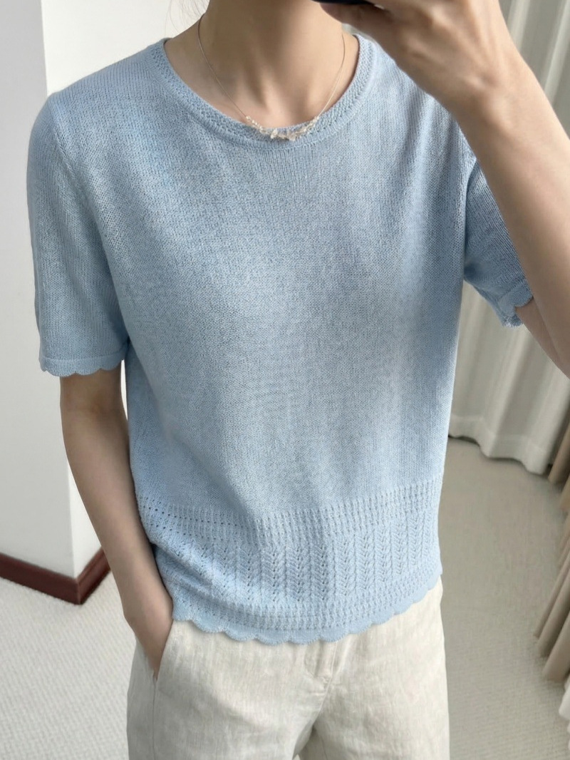 Simple and Stylish Japanese Paper Yarn Hollow-Out Short-Sleeve Raglan Crew Neck Top for Women, Fashionable New Spring/Summer Versatile Loose Knit Shirt