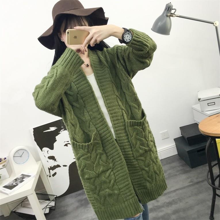 Mid-length Twist Sweater Coat Women's Autumn and Spring New Loose Lazy Style Solid Color Thickened Long-sleeved Knitted Cardigan