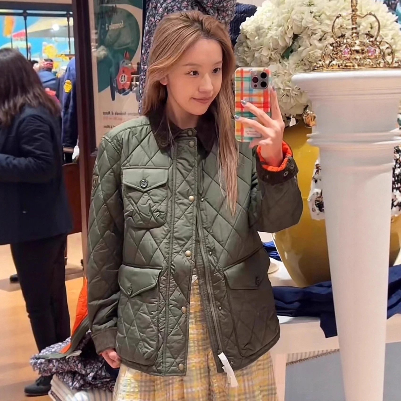 Herringbone-patterned retro cotton-padded jacket