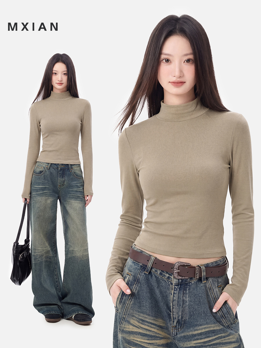 Minimalist Inner Wear Half-Turtleneck Long-Sleeve T-Shirt for Women, 2026 Spring Season, Loose Fit, Slimming, Regular Shoulder Base Shirt for Layering