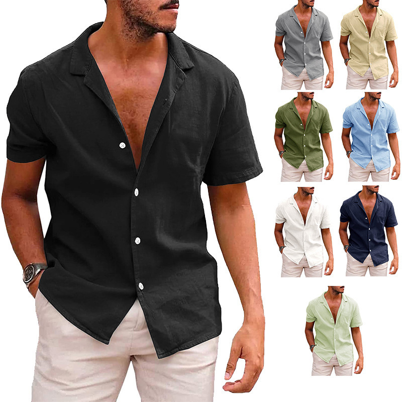 Summer Cross-Border Linen Large Size Men's Short-Sleeved Shirt Lapel Solid Color Short-Sleeved Button Men's Cotton and Linen Shirt Men's Clothing