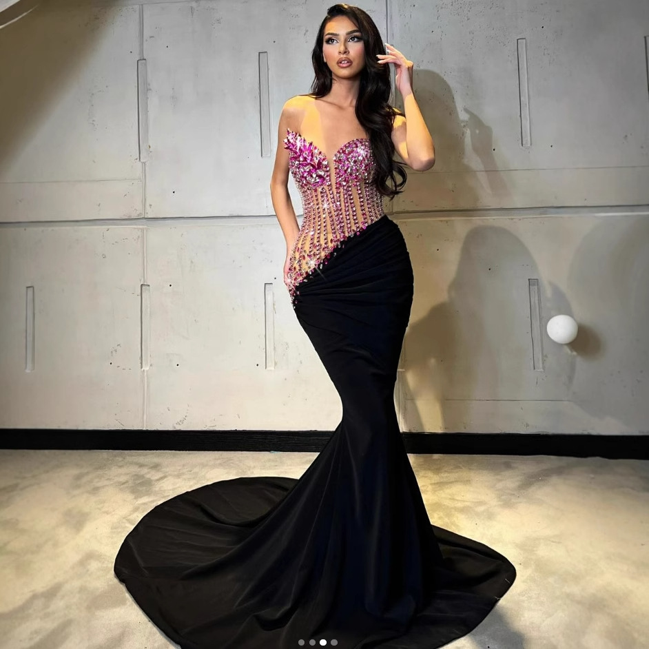 Foreign Trade New Fashion Backless Sleeveless Slim-fit Diamond Decorated Strapless Velvet Long Floor-length Party Evening Dress