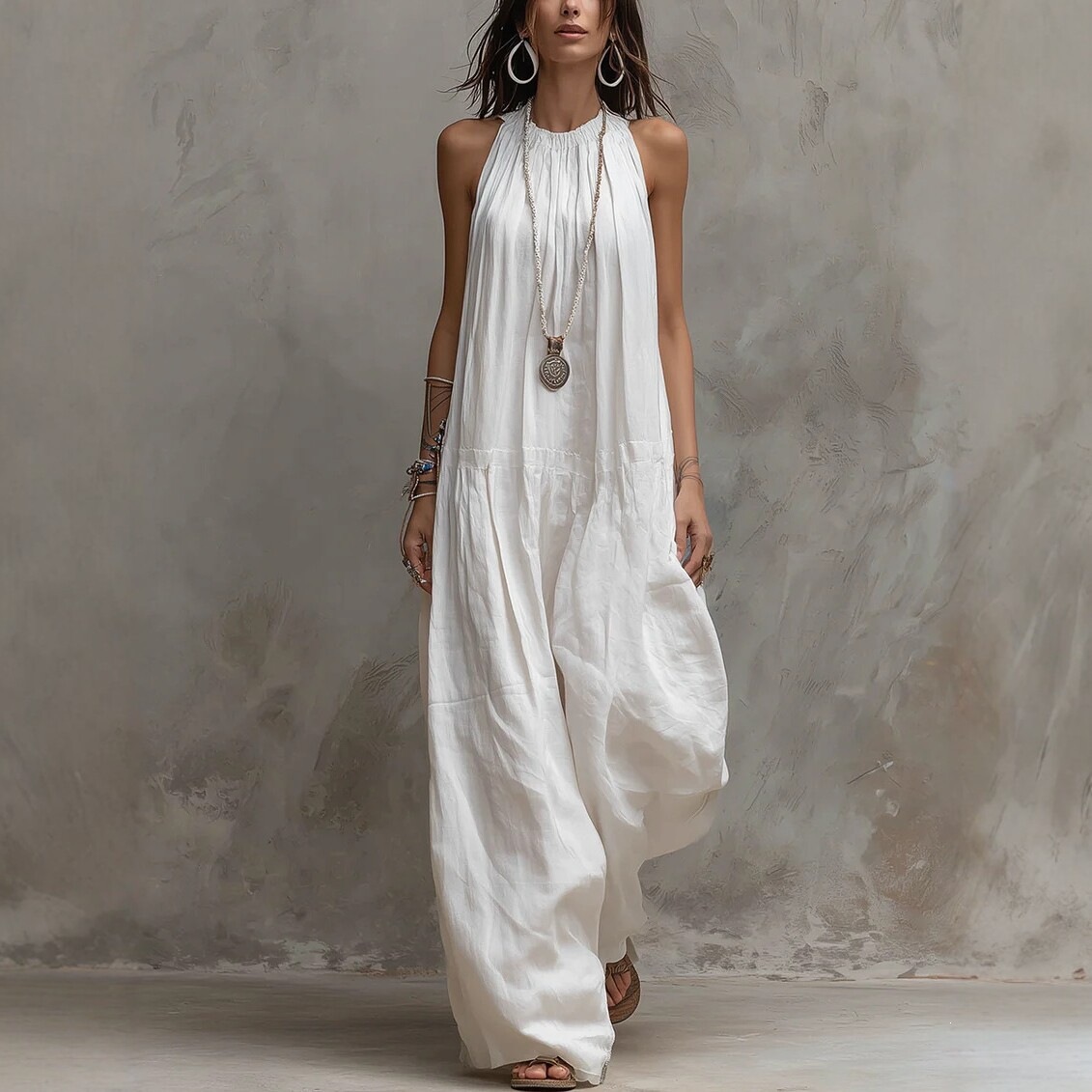 2026 European and American Style Sleeveless White Cotton and Linen Pullover Dress Loose Long Casual Vacation Style Women's Dress