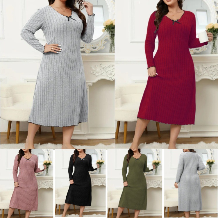 2025 spring new cross-border European and American plus size dress foreign trade V-collar long sleeve solid color wood ear edge fashion women's clothing