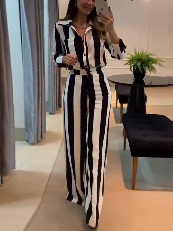 2024 Trade European and American Autumn Casual Fashion Black and White Striped Button Pocket Design Shirt Wide Leg Pants Two-piece Set