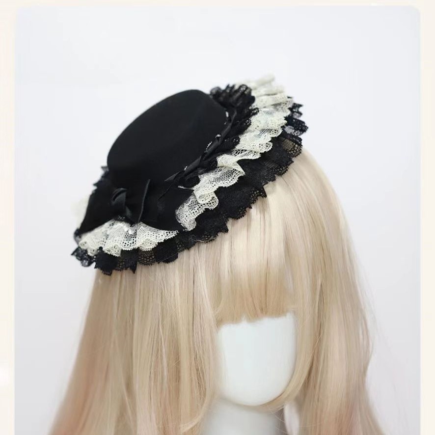 Lolita Original Handmade Lolita Bow Hair Accessory with a Doll-Like Feel, Cla-Style Multi-Layer Lace Pleated Flat Hat