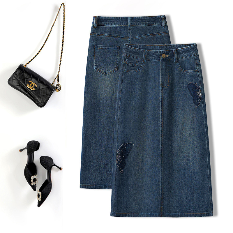 Vintage Embroidered Denim Skirt for Women, 2026 Summer New Style, Rhinestone High-Waisted Mid-Length A-Line Straight Pencil Skirt