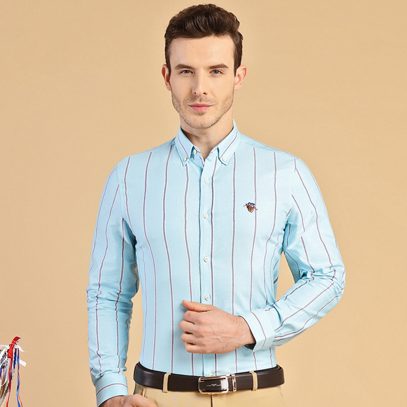Paul Men's Long Sleeve Shirt Cotton Oxford Striped Shirt Business Casual Cotton Washed Base Shirt Top