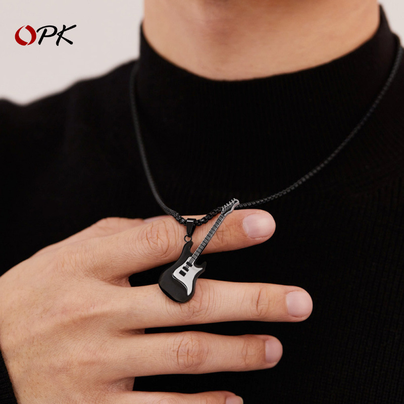OPK jewelry personality trend European and American hip hop stainless steel guitar pendant street classic trendy men titanium steel necklace